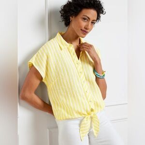 Talbots Linen Tie Hem Button Front Top Size Large Petite In Seashore Stripe